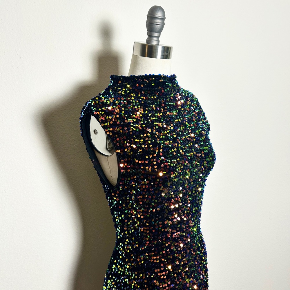 Anthropologie‎ Black Iridescent Sequin Mock Neck Midi Slit Dress Women XXS NWT